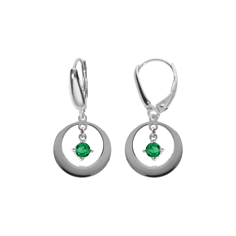 Boucles d\'oreille en argent rhodi�, forme cercle avec un  oxyde vert pendant, fermoir dormeuse - Vue 1
