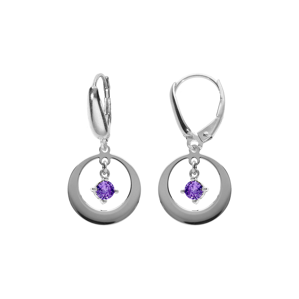 Boucles d\'oreille en argent rhodi�, forme cercleavec un oxyde violet pendant, fermoir dormeuse - Vue 1