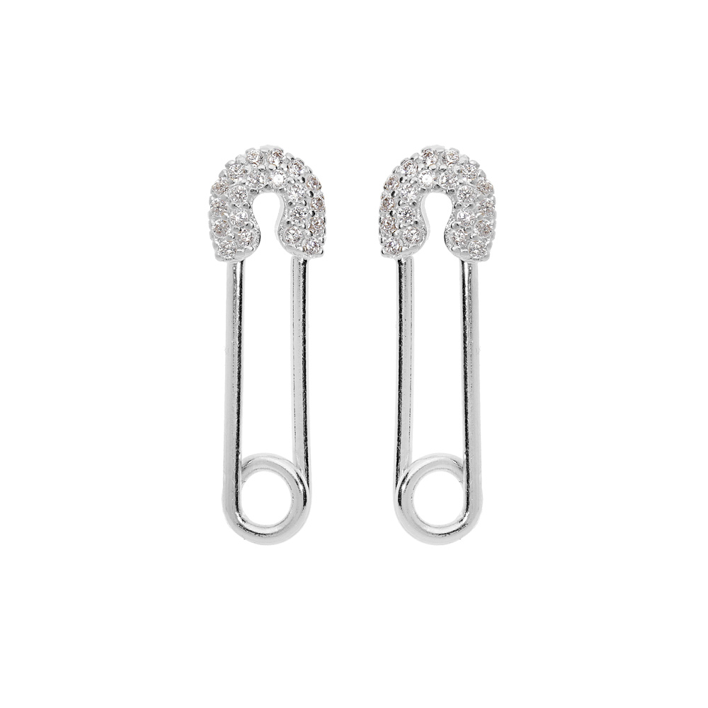 Boucles d\'oreille en argent rhodi� forme �pingle � nourrice avec oxydes blancs sertis et fermoir poussette - Vue 1