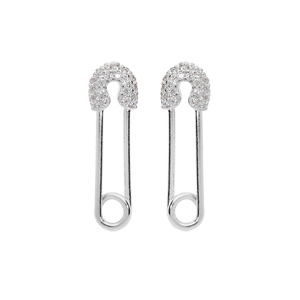 Boucles d\'oreille en argent rhodi forme pingle  nourrice avec oxydes blancs sertis et fermoir poussette - Vue 1