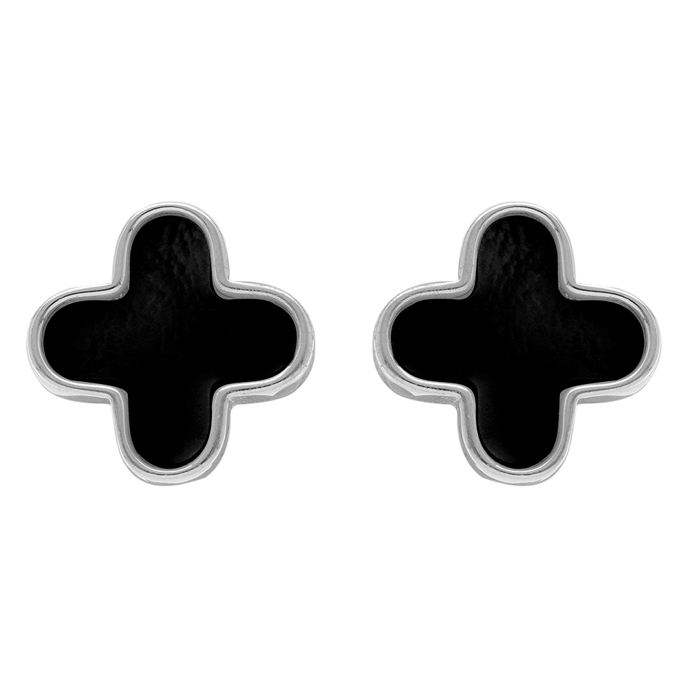 Boucles d\'oreille en argent rhodi� forme fleur agate noire - Vue 1