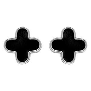 Boucles d'oreille en argent rhodi� forme fleur agate noire