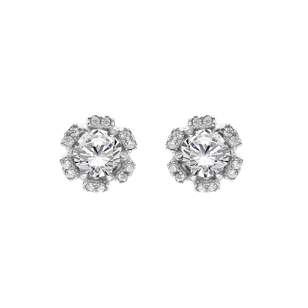 Boucles d\'oreille en argent rhodi� forme fleur avec oxydes blancs sertis fermoir poussette - Vue 1