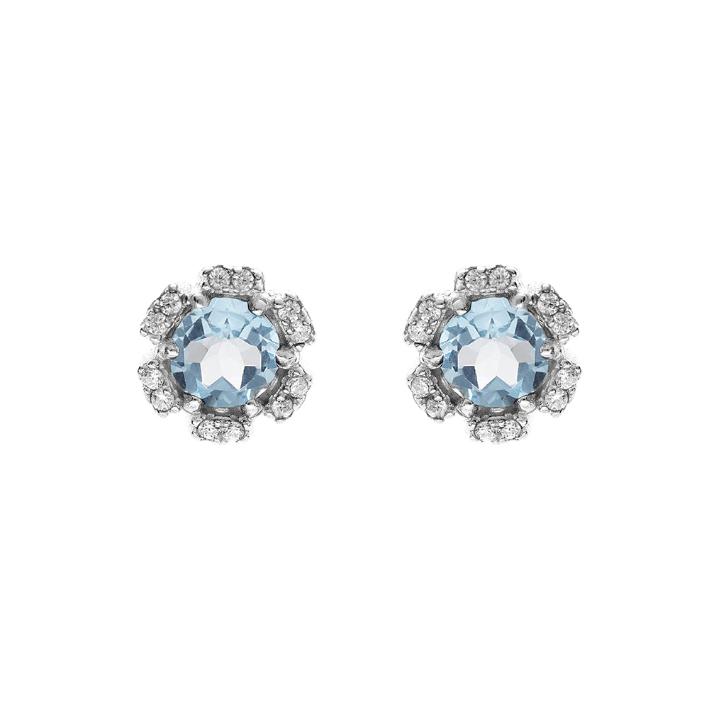 Boucles d\'oreille en argent rhodi� forme fleur avec oxydes couleur bleu ciel et blancs sertis fermoir poussette - Vue 1