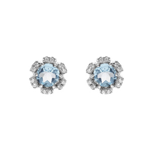 Boucles d\'oreille en argent rhodi forme fleur avec oxydes couleur bleu ciel et blancs sertis fermoir poussette - Vue 1