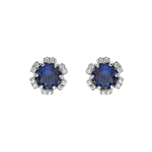 Boucles d\'oreille en argent rhodi forme fleur avec oxydes couleur bleu fonc et blancs sertis fermoir poussette - Vue 1