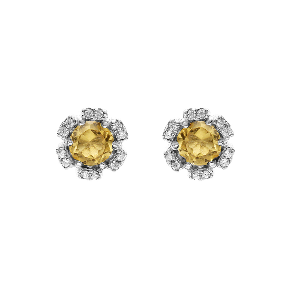 Boucles d\'oreille en argent rhodi� forme fleur avec oxydes couleur jaune et blancs sertis fermoir poussette - Vue 1