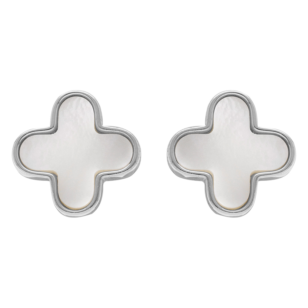 Boucles d\'oreille en argent rhodi� forme fleur en nacre blanche - Vue 1