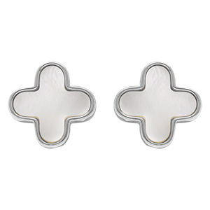 Boucles d'oreille en argent rhodi� forme fleur en nacre blanche