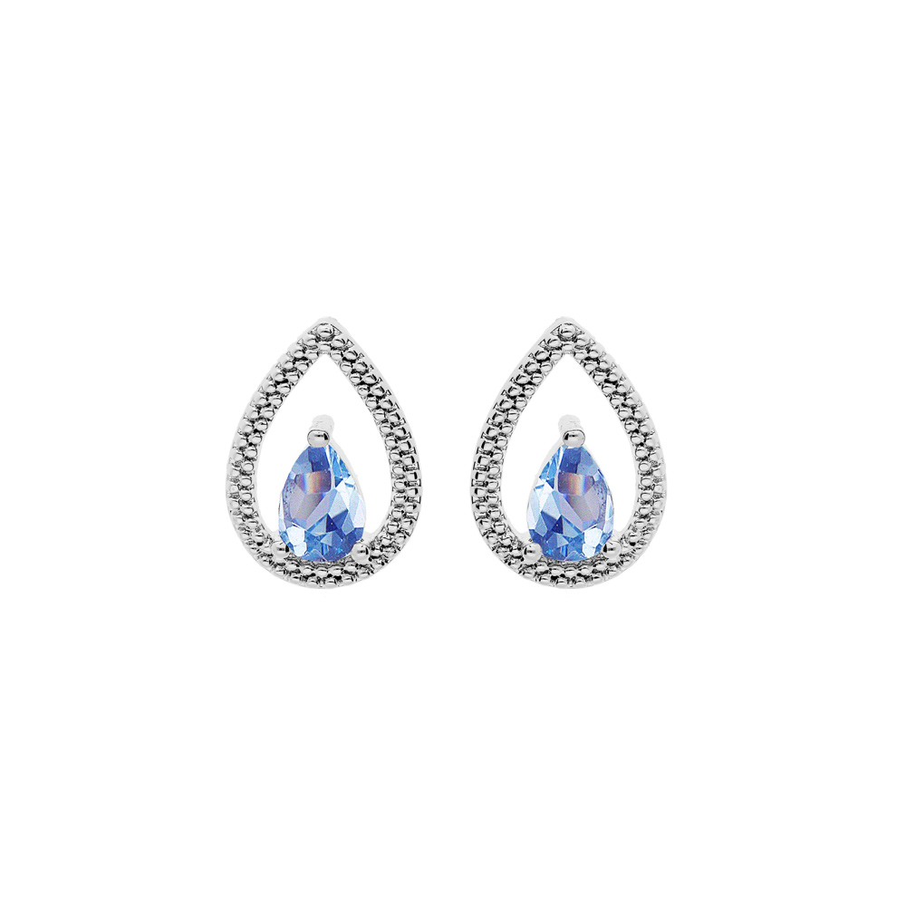 Boucles d\'oreille en argent rhodi� forme goutte ajour�e avec oxyde bleu ciel serti et fermoir poussette - Vue 1