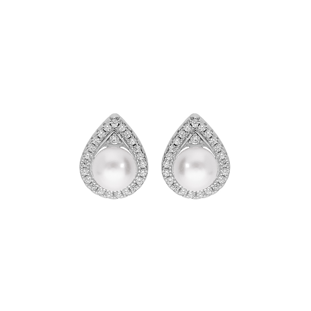Boucles d\'oreille en argent rhodi� forme goutte pav�e d\'oxydes blancs avec Perle de culture d\'eau douce blanche 6mm et fermoir poussette - Vue 1