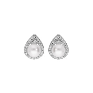 Boucles d\'oreille en argent rhodi forme goutte pave d\'oxydes blancs avec Perle de culture d\'eau douce blanche 6mm et fermoir poussette - Vue 1