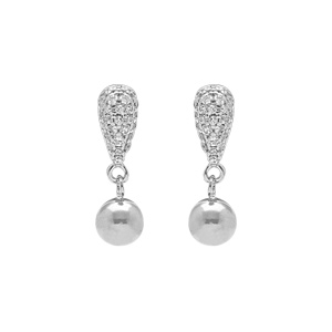 Boucles d\'oreille en argent rhodié forme goutte pavée d\'oxydes blancs et boule lisse - Vue 1