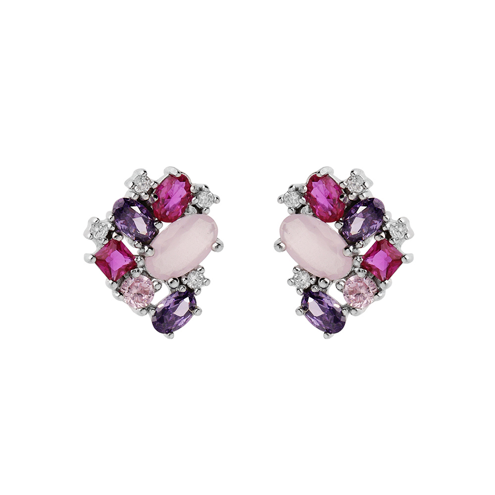 Boucles d\'oreille en argent rhodi� g�om�trie d\'oxydes roses et violets et fermoir poussette - Vue 1