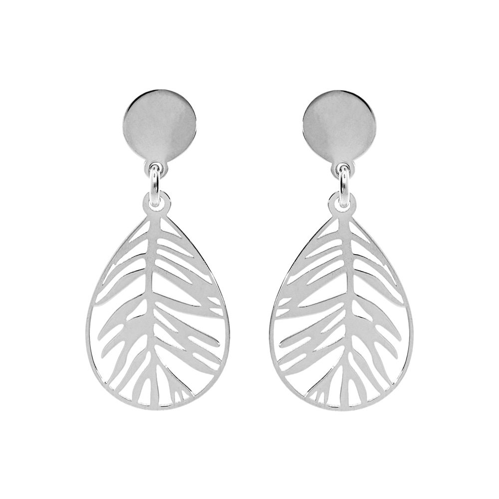 Boucles d\'oreille en argent rhodi� goutte motif feuillage suspendue et fermoir poussette - Vue 1