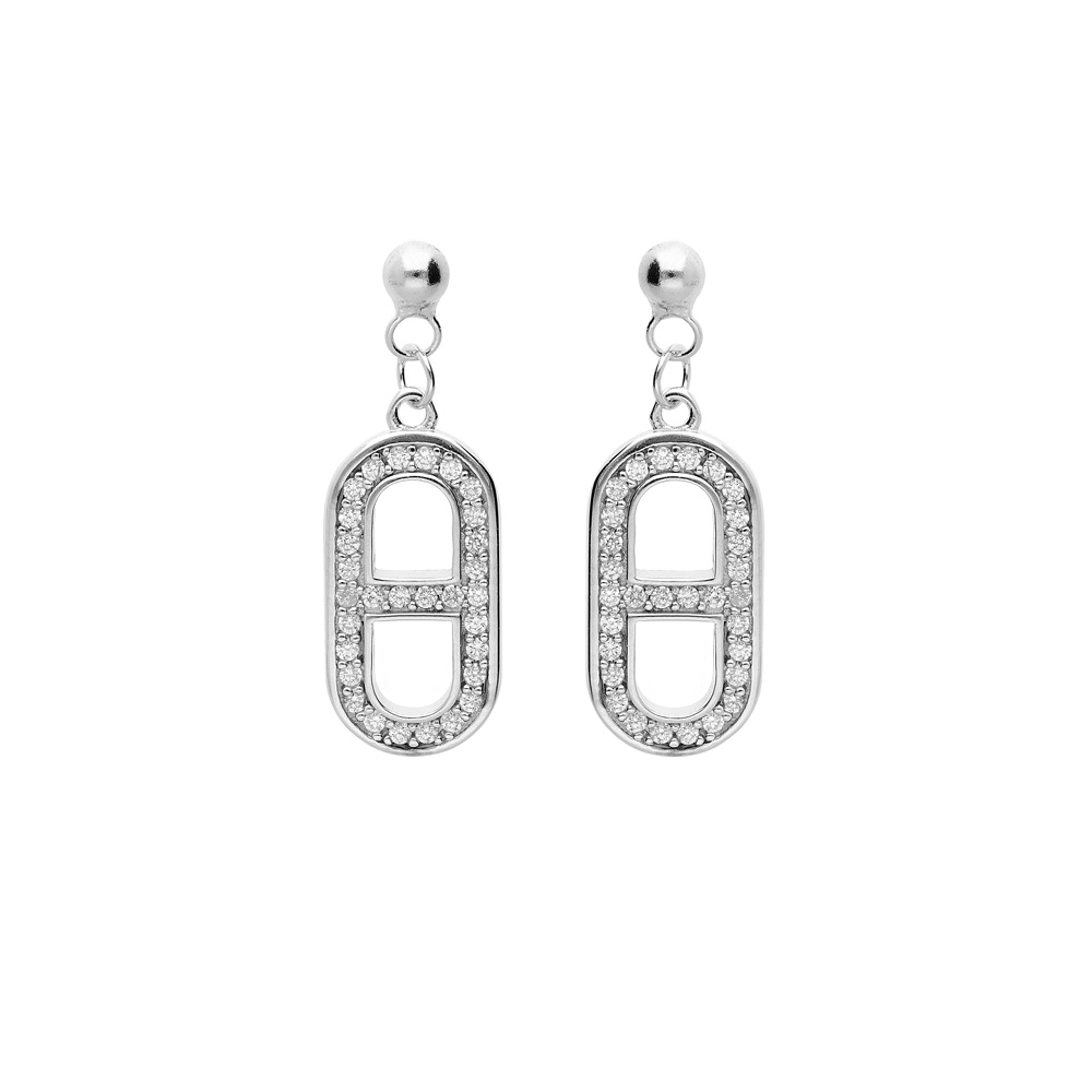 Boucles d\'oreille en argent rhodi� grosse maille marine suspendue avec oxydes blancs sertis et fermoir poussette - Vue 1