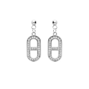 Boucles d\'oreille en argent rhodi grosse maille marine suspendue avec oxydes blancs sertis et fermoir poussette - Vue 1