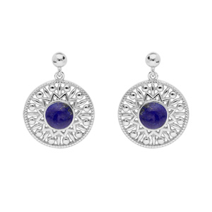 Boucles d\'oreille en argent rhodi grosse pastille ethnique suspendue avec pierre Lapis Lazuli vritable et fermoir poussette - Vue 1