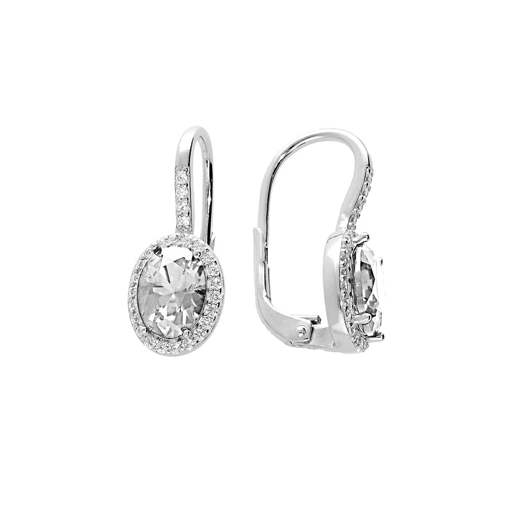 Boucles d\'oreille en argent rhodi� grosse pierre blanche avec contour d\'oxydes blancs sertis t fermoir dormeuse - Vue 1
