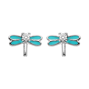 Boucles d\'oreille en argent rhodi libellule turquoise et oxydes blancs sertis et fermoir poussette - Vue 1