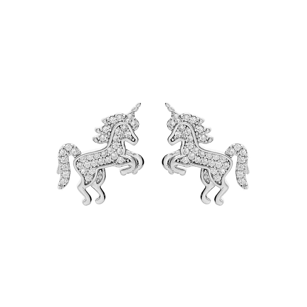 Boucles d\'oreille en argent rhodi� licorne pav�e d\'oxydes blancs sertis et fermoir poussette - Vue 1