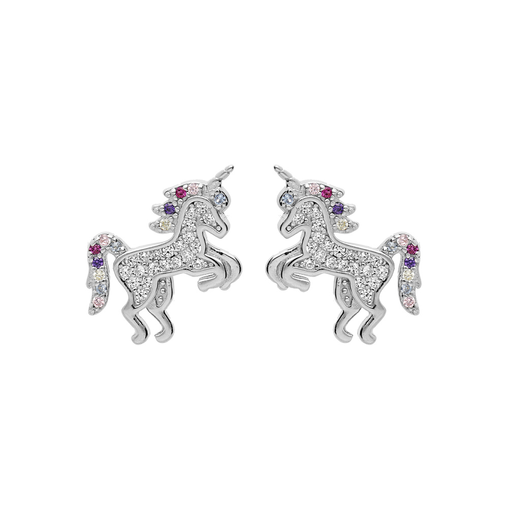 Boucles d\'oreille en argent rhodi� licorne pav�e d\'oxydes multi couleurs et fermoir poussette - Vue 1