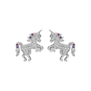 Boucles d\'oreille en argent rhodi licorne pave d\'oxydes multi couleurs et fermoir poussette - Vue 1