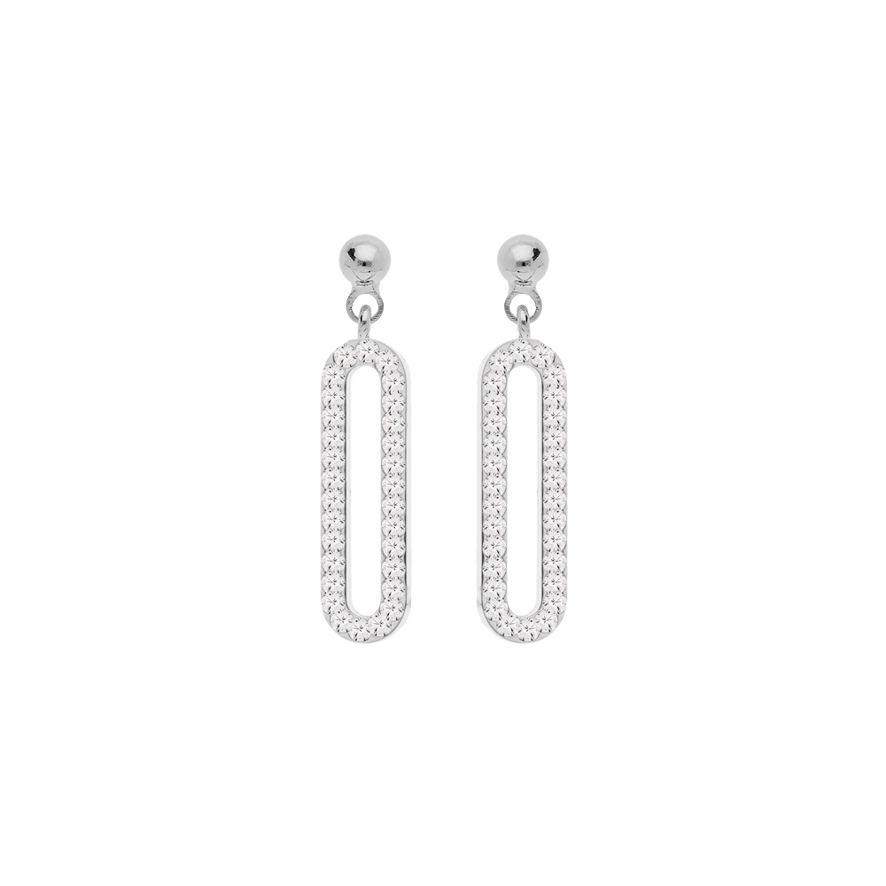 Boucles d\'oreille en argent rhodi� maillon rectanglaire suspendu avec oxydes blancs sertis et fermoir poussette - Vue 1