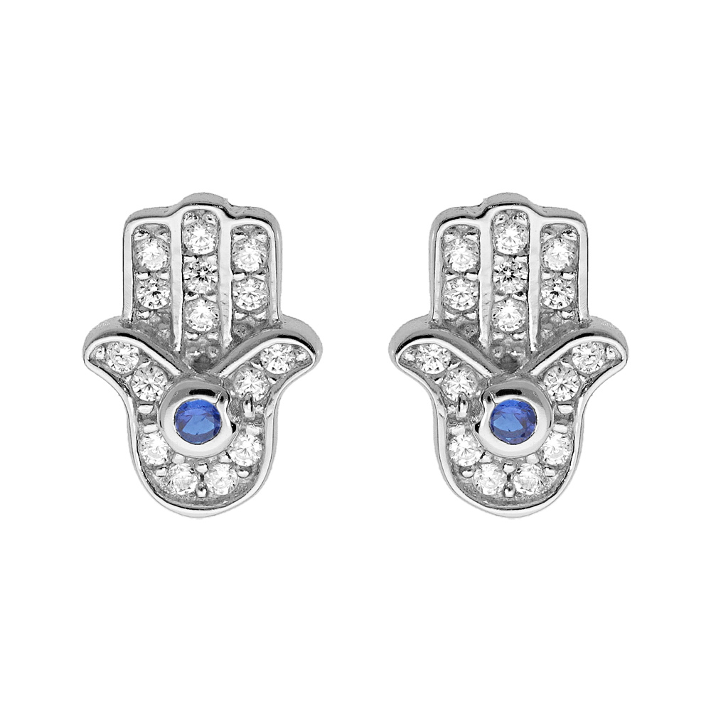 Boucles d\'oreille en argent rhodi� main de Fatma pav�e d\'oxydes blancs et bleu sertis et fermoir poussette - Vue 1