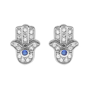 Boucles d\'oreille en argent rhodi main de Fatma pave d\'oxydes blancs et bleu sertis et fermoir poussette - Vue 1