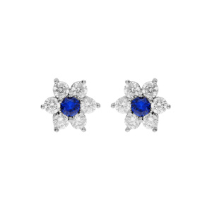 Boucles d\'oreille en argent rhodi marguerite oxydes centre bleu fonc et contour blancs sertis et fermoir poussette - Vue 1