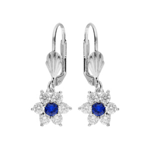 Boucles d\'oreille en argent rhodi marguerite oxydes centre bleu fonc et contour blancs sertis fermoir dormeuse - Vue 1