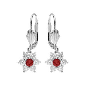 Boucles d\'oreille en argent rhodi marguerite oxydes centre rouge et contour blancs sertis fermoir dormeuse - Vue 1