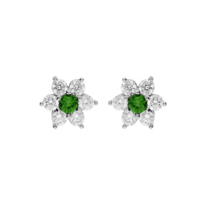 Boucles d\'oreille en argent rhodi marguerite oxydes centre vert et contour blancs sertis et fermoir poussette - Vue 1