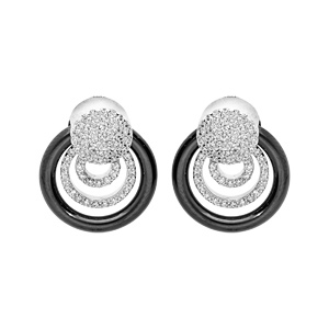 Boucles d\'oreille en argent rhodié massif avec anneau n céramique noire et pastilles oxydes blancs sertis et fermoir poussette - Vue 1