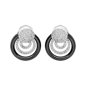 Boucles d\'oreille en argent rhodi massif avec anneau n cramique noire et pastilles oxydes blancs sertis et fermoir poussette - Vue 1