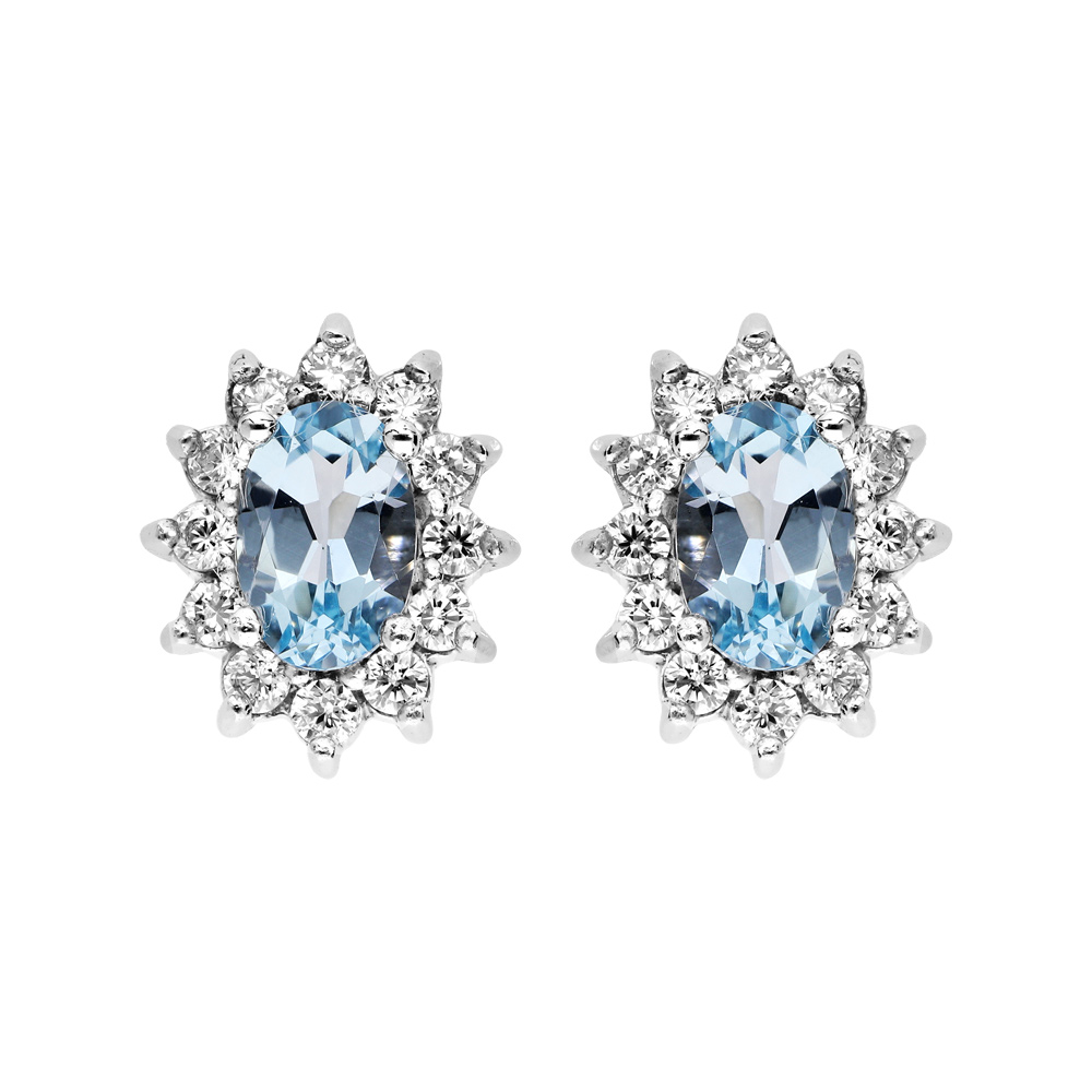 Boucles d\'oreille en argent rhodi� massif collection joaillerie Topaze bleue ovale avec oxydes blancs et fermoir poussette - Vue 1