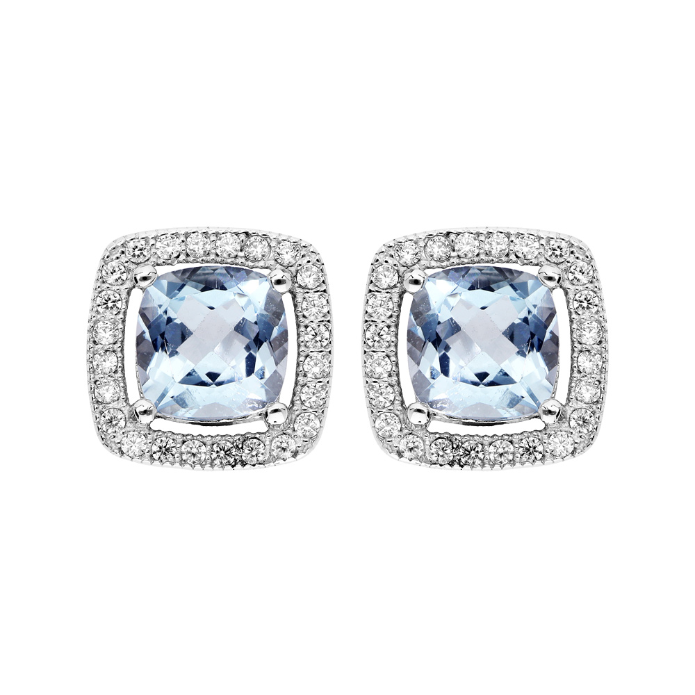 Boucles d\'oreille en argent rhodi� massif collection joaillerie Topaze bleue p�le avec oxydes blancs et fermoir poussette - Vue 1