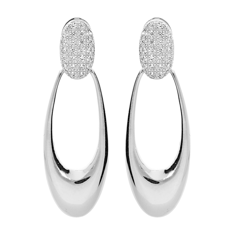 Boucles d\'oreille en argent rhodi� massif pendante avec ovale et oxydes blancs sertis et fermoir poussette - Vue 1
