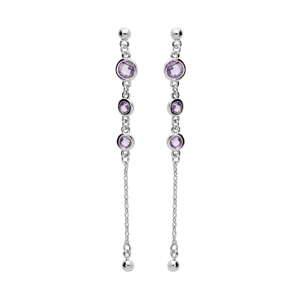 Boucles d\'oreille en argent rhodi� massif pendantes avec oxydes ronds violets et cha�nette fermoir poussette - Vue 1