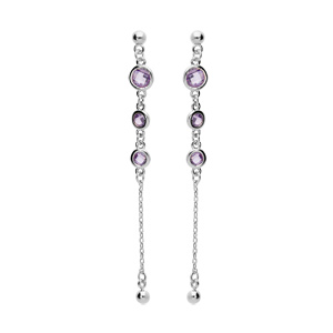Boucles d\'oreille en argent rhodi massif pendantes avec oxydes ronds violets et chanette fermoir poussette - Vue 1