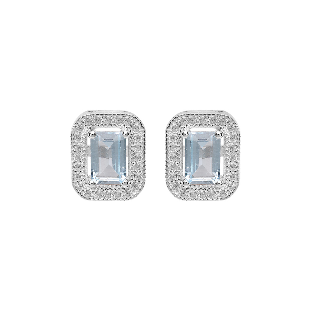 Boucles d\'oreille en argent rhodi massif pierre carr Topaze bleue vritable avec contour oxydes blancs sertis et fermoir poussette - Vue 1
