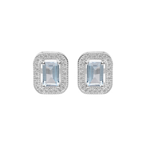 Boucles d\'oreille en argent rhodi massif pierre carr Topaze bleue vritable avec contour oxydes blancs sertis et fermoir poussette - Vue 1