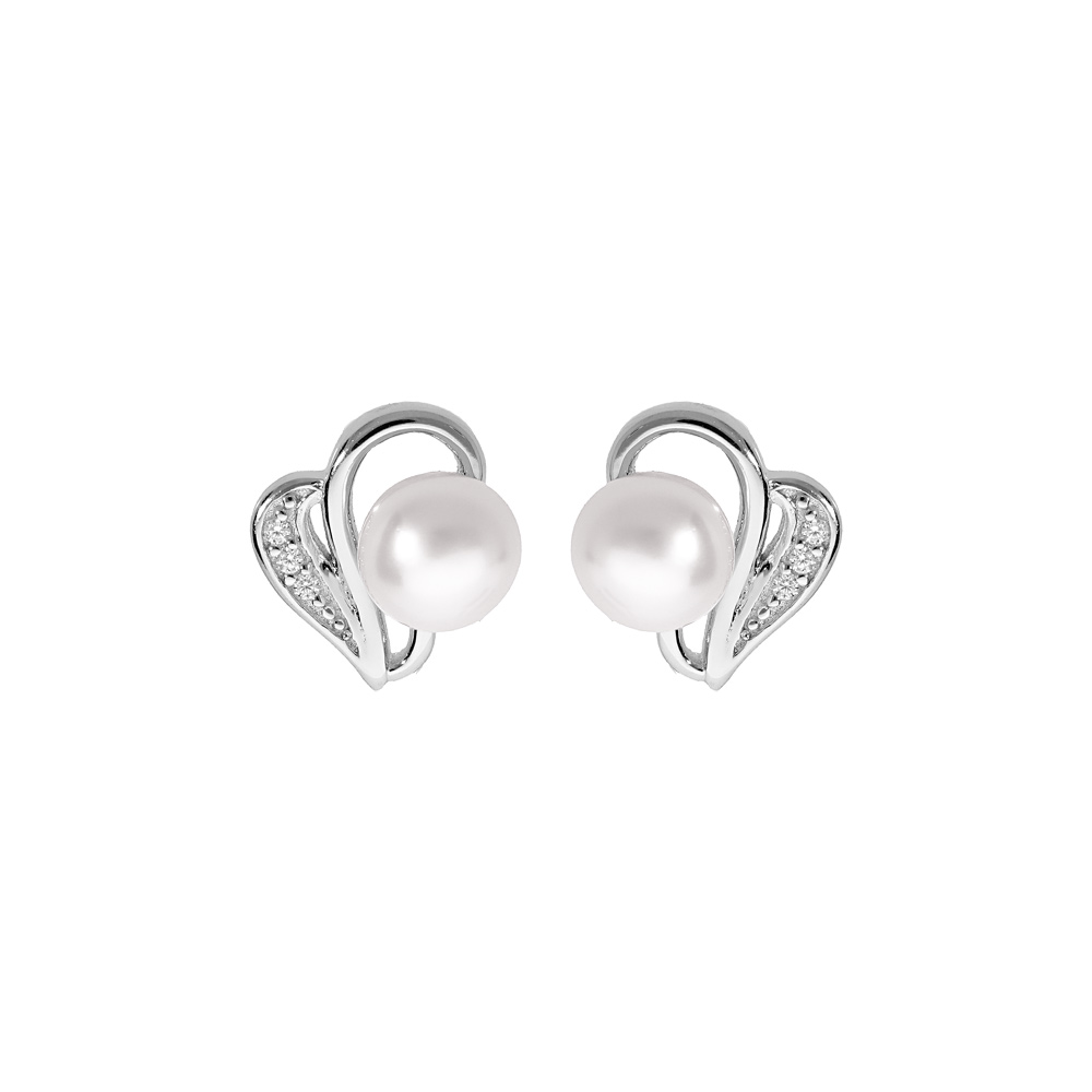 Boucles d\'oreille en argent rhodi� motif avec Perle de culture d\'eau douce blanche 6mm et oxydes blancs sertis et fermoir poussette - Vue 1
