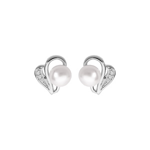 Boucles d\'oreille en argent rhodi motif avec Perle de culture d\'eau douce blanche 6mm et oxydes blancs sertis et fermoir poussette - Vue 1