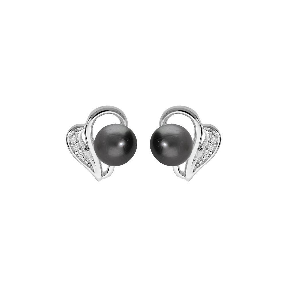 Boucles d\'oreille en argent rhodi� motif avec Perle de Tahiti v�ritable 7mm et oxydes blancs sertis et fermoir poussette - Vue 1