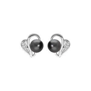 Boucles d\'oreille en argent rhodi motif avec Perle de Tahiti vritable 7mm et oxydes blancs sertis et fermoir poussette - Vue 1