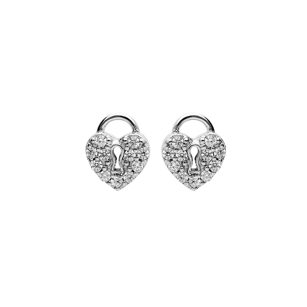 Boucles d\'oreille en argent rhodi� motif cadenas coeur pav� d\'oxydes blancs et fermoir poussette - Vue 1