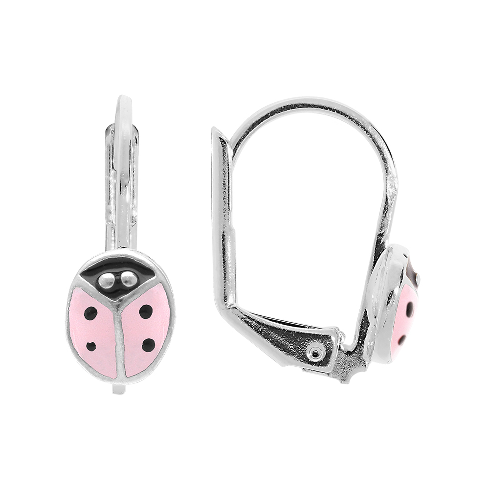 Boucles d\'oreille en argent rhodi� motif coccinelle r�sine rose - fermoir dormeuse - Vue 1