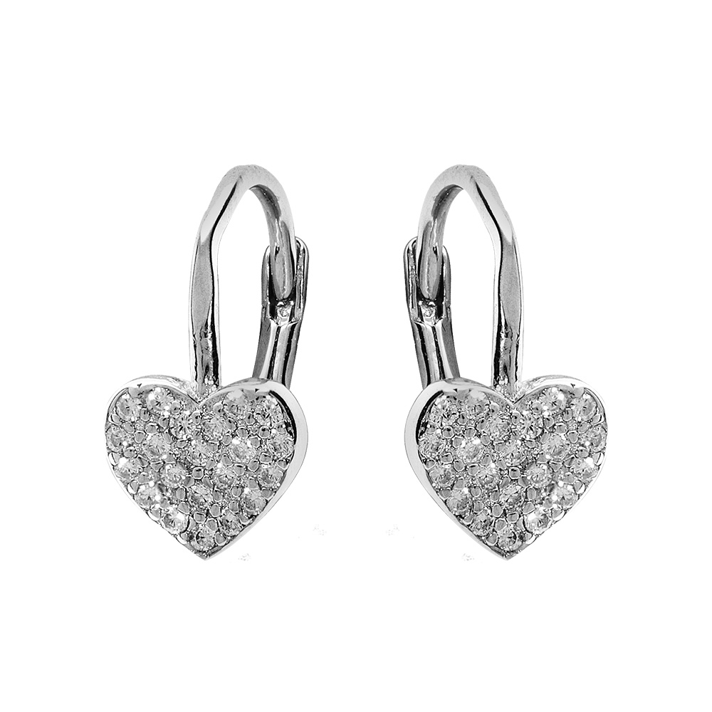 Boucles d\'oreille en argent rhodi� motif coeur pav� oxydes blancs et fermoir dormeuse - Vue 1